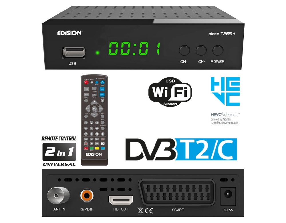 USB WiFi Support H265 HEVC Universal 2in1 Fernbedieung HDMI USB S/PDIF IR FTA Full HD PVR Schwarz SCART Edision Picco T265+ Terrestrischer DVB-T2 und Kabel DVB-C Receiver 