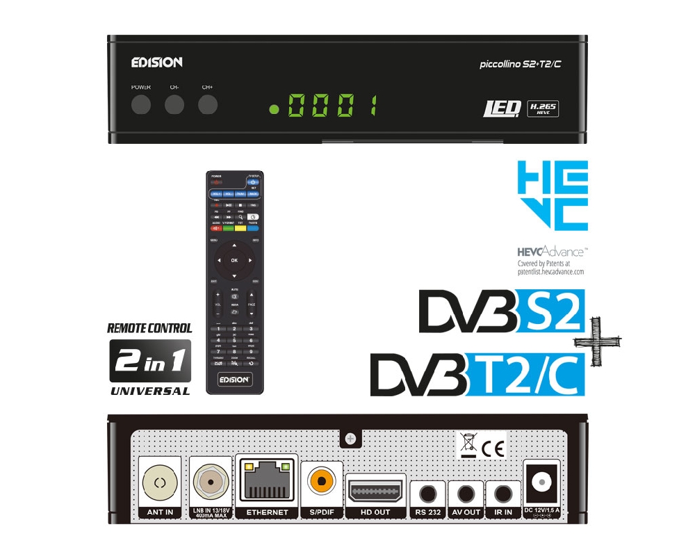 H.265 HEVC Noir USB Full HD EDISION PICCOLLINO S2+T2/C Récepteur combi DVB-S2/T2/C 