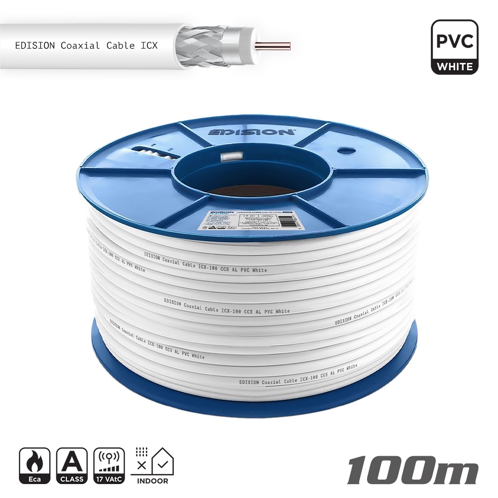 EDISION ICX-100 Câble coaxial 100 m, câble antenne TV SAT interne PVC blanc, acier cuivré CCS/AL, 17VAtC, CPR Eca, classe A, câble SAT, pour DVB- S2, DVB-T/T2, DVB-C, RADIO, bobine plastique 100 m EDISION ICX-100 Câble coaxial 100 m, câble antenne TV SAT interne PVC blanc, acier cuivré CCS/AL, 17VAtC, CPR Eca, classe A, câble SAT, pour DVB- S2, DVB-T/T2, DVB-C, RADIO, bobine plastique 100 m
